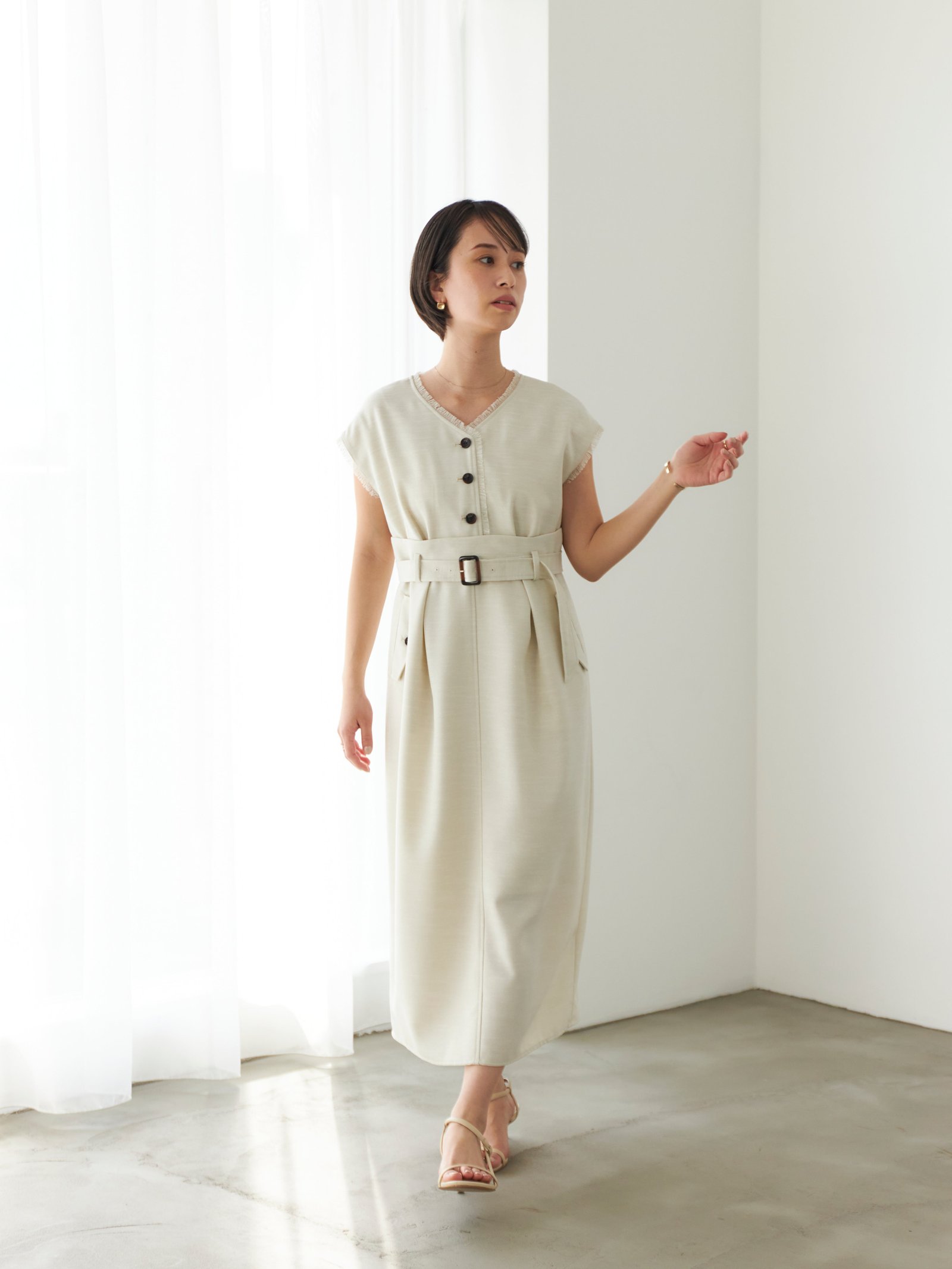 リネンライクツイードIラインワンピース | 小柄・低身長女性向け